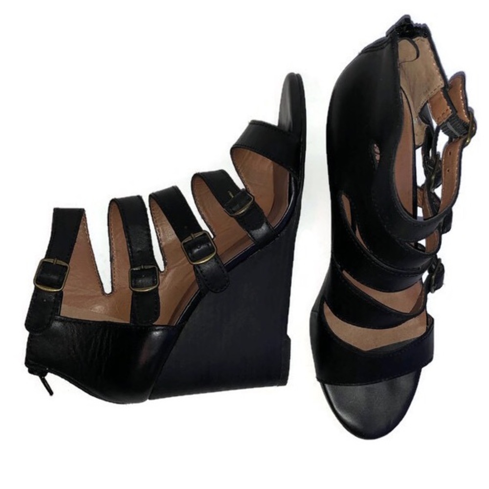 Lucky Brand Caged Black Wedges Reynolds Leather